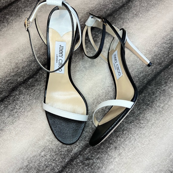 Jimmy Choo Minny 85 mm Lizard Mini Printed Leather Black White Mix Sandal Heels - Picture 2 of 12
